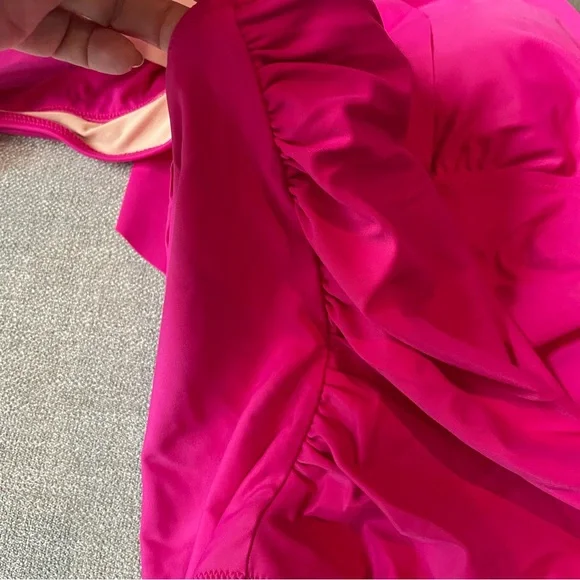 NWT J. Crew Flamingo Pink Ruffle Plunge Lined Ruched Side Padded Cup Swimsuit - Picture 3 of 15